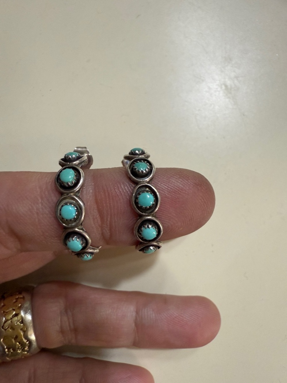 Turquoise 3/4 Hoop 1" Drop earrings Zuni Florinda Lonasee Sterling Silver